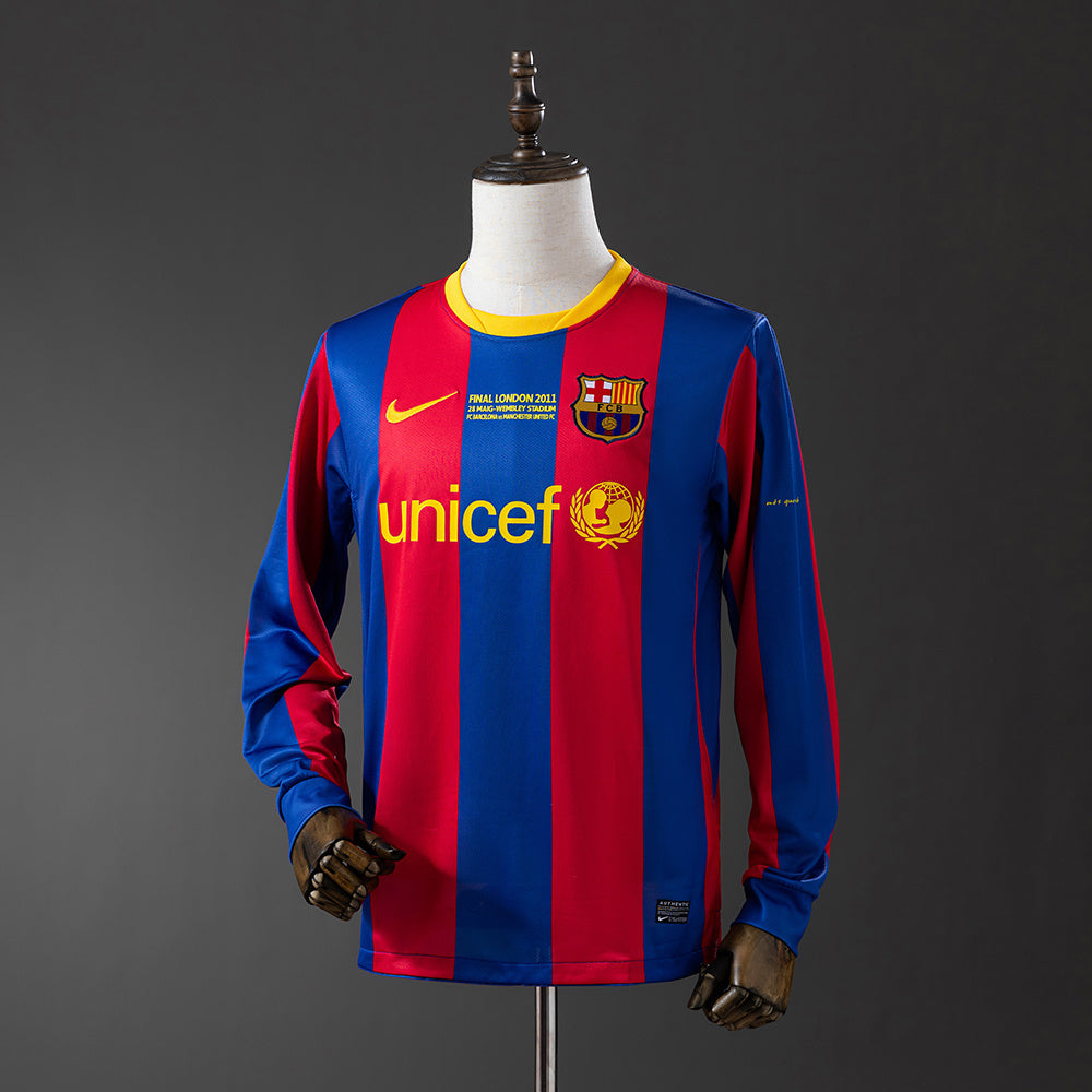 Barcelona Champions Edição Principal Retrô Manga Longa Camisa 10/11