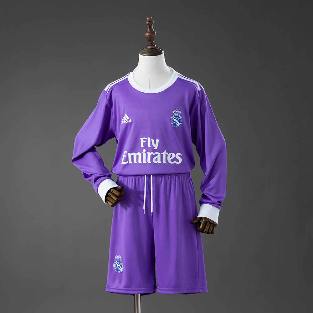 Real Madrid Secundária Infantil Kit Retrô Manga Longa Camisa 16/17