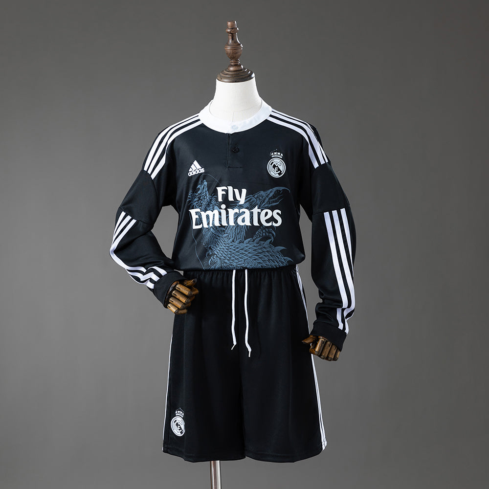 Real Madrid Secundária Terceira Infantil Kit Retrô Manga Longa Camisa 14/15