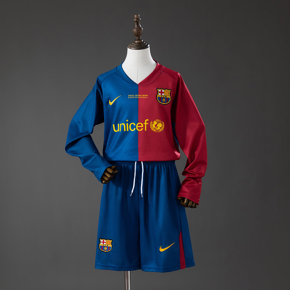 Barcelona Principal Infantil Kit Retrô Manga Longa Camisa 08/09