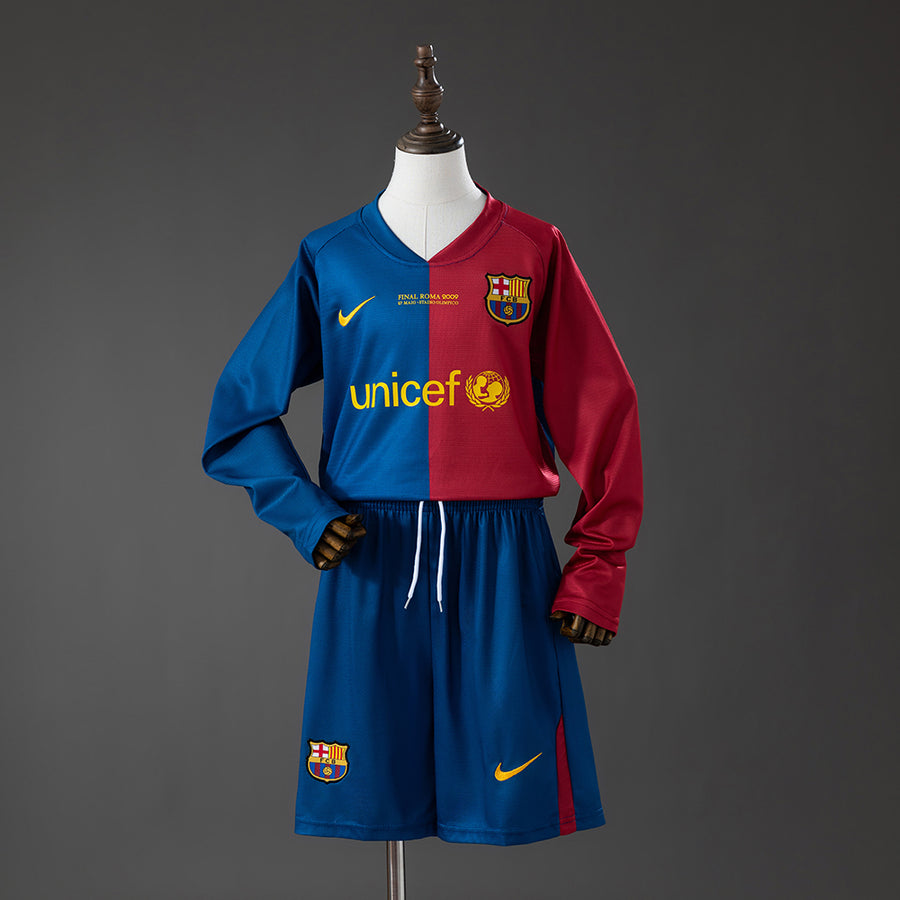 Barcelona Principal Infantil Kit Retrô Manga Longa Camisa 08/09